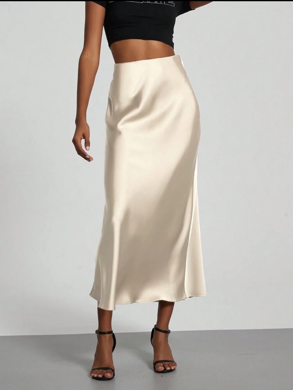 Beige Satin Effect Midi Skirt Sz M